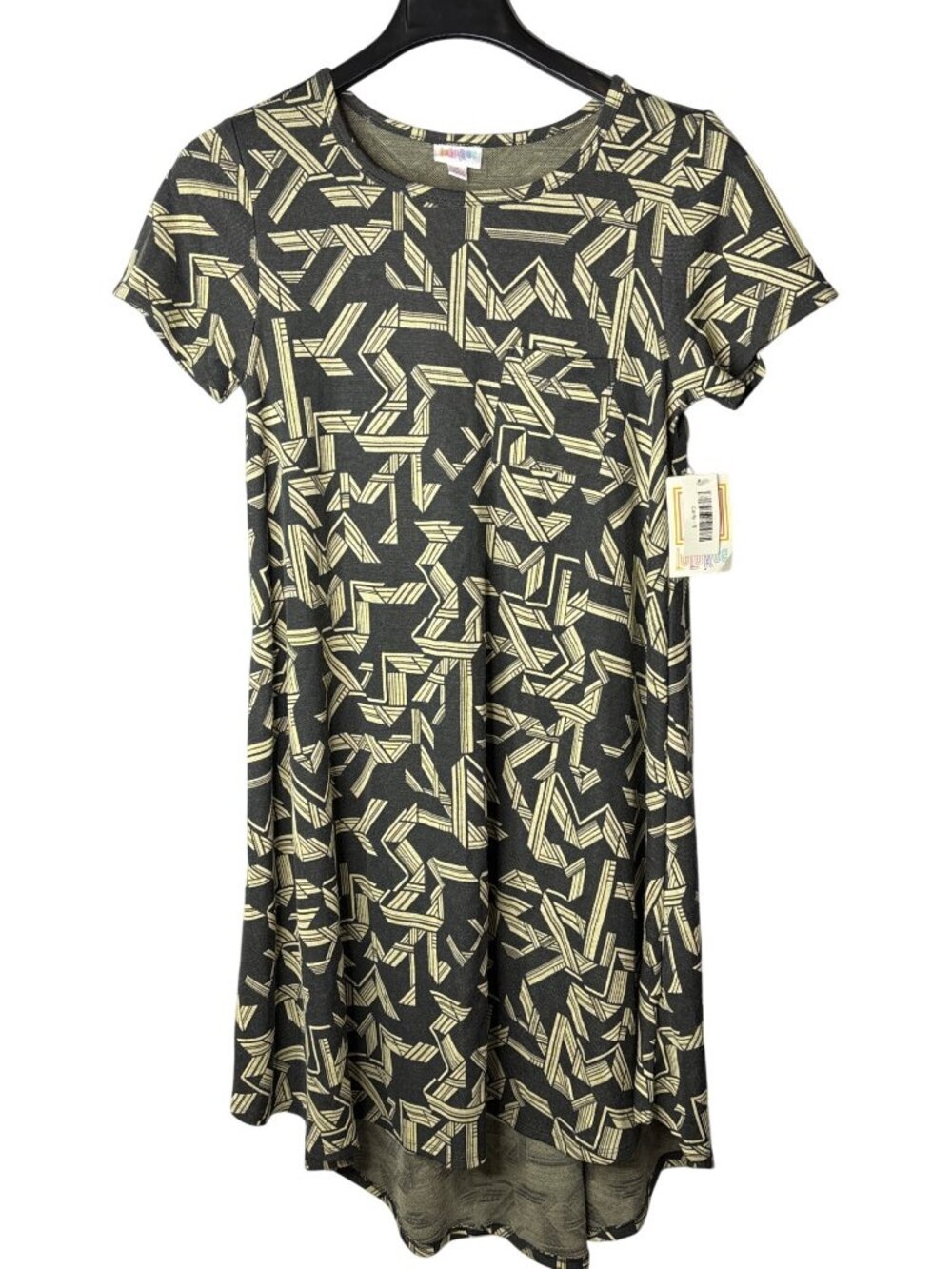 LuLaRoe Carly Dress Size S A-Line High Low Geometric Print Grey Beige New